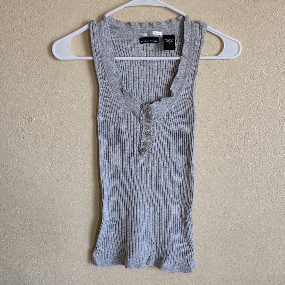 Moda International Feather Weight Ribs Gray Ribbed Henley Tank with Ruffle Trim
